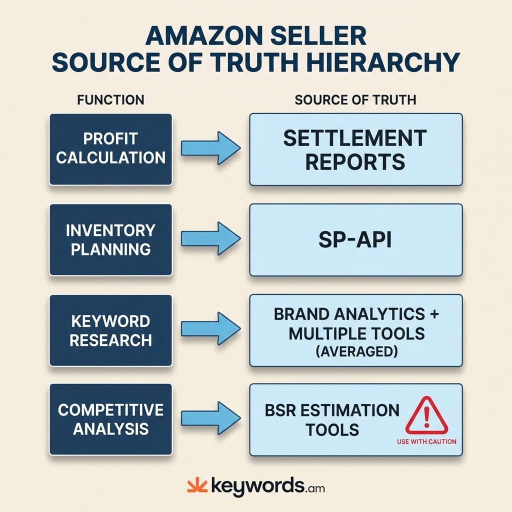 Keywords.am amazon data accuracy source of truth hierarchy showing which data to trust for each seller decision