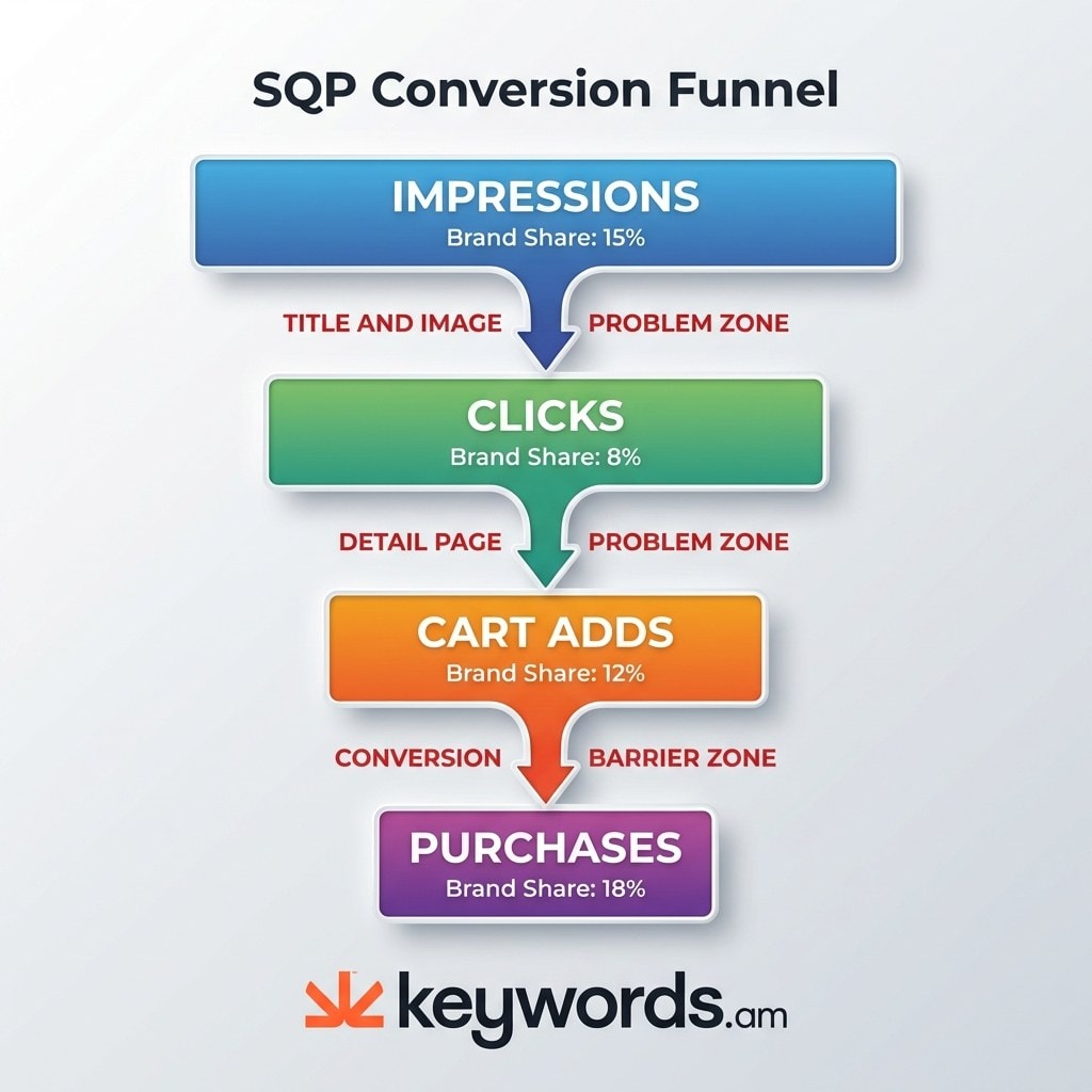 Keywords.am search query performance funnel showing where sellers lose shoppers between impressions clicks cart adds and purchases