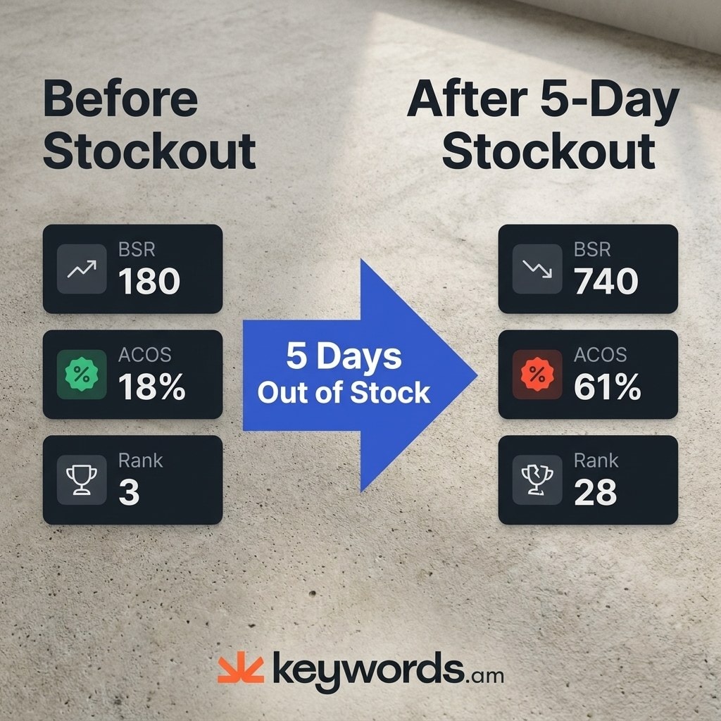 Keywords.am amazon inventory management stockout impact on BSR keyword rankings and ACOS