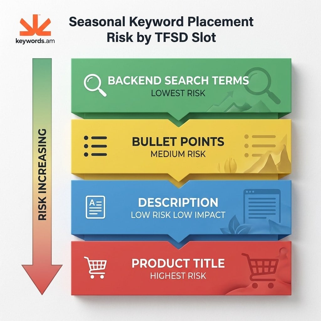 Keywords.am amazon seasonal keyword placement risk levels across TFSD framework slots