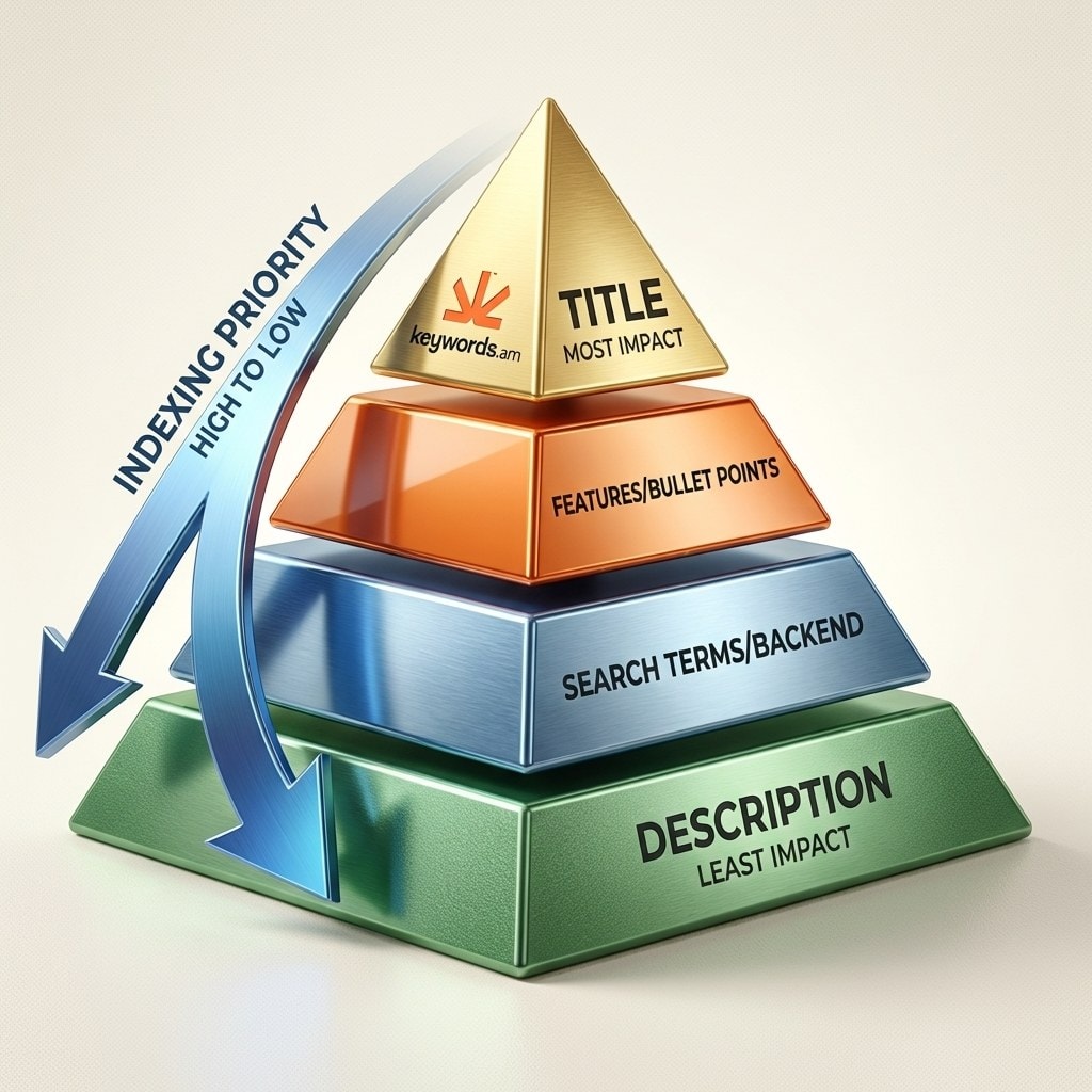 Keywords.am amazon keyword audit TFSD framework placement hierarchy pyramid showing title features search terms description weight
