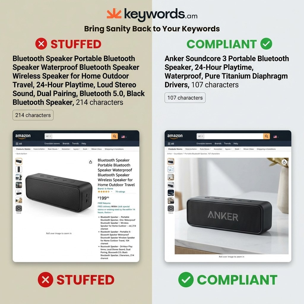 Keywords.am amazon keyword stuffing before after title comparison showing stuffed versus compliant Amazon product title
