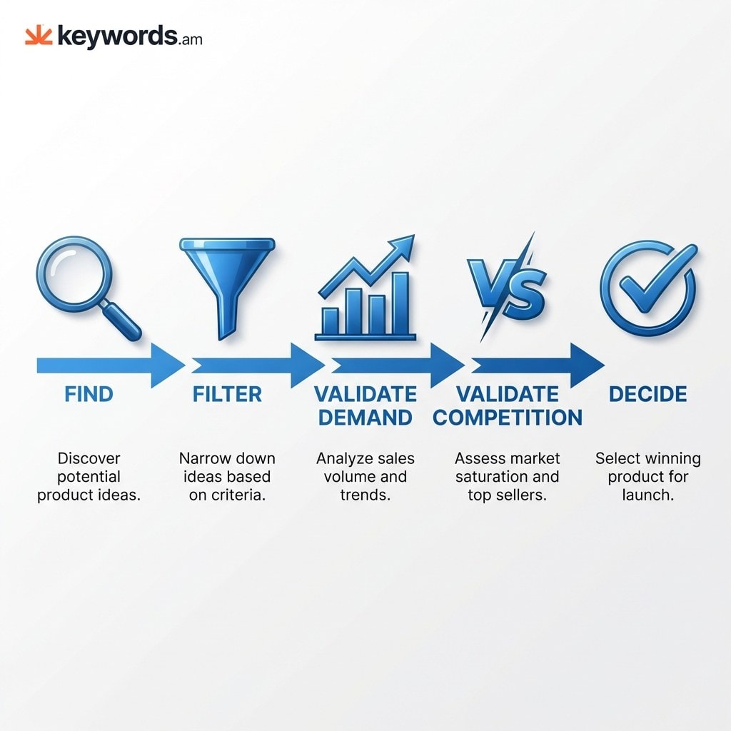 Keywords.am Amazon FBA product research workflow showing five steps from product discovery to demand validation