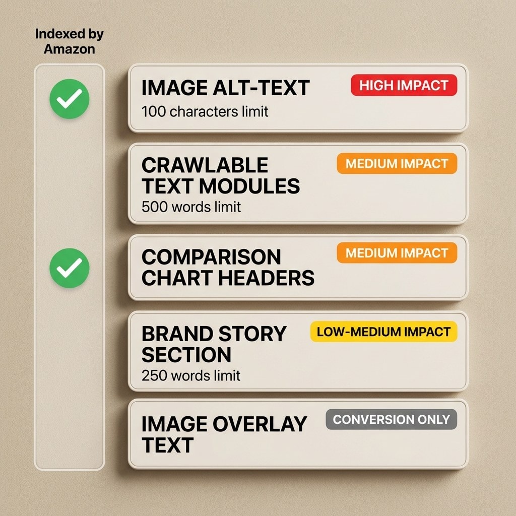 Keywords.am a+ content keywords placement zones showing which modules are indexed by Amazon and Google