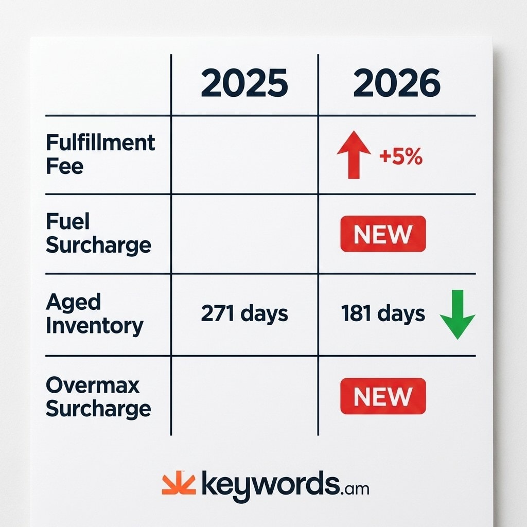 Keywords.am amazon fba fees 2025 vs 2026 comparison showing key fee changes and the new April surcharge