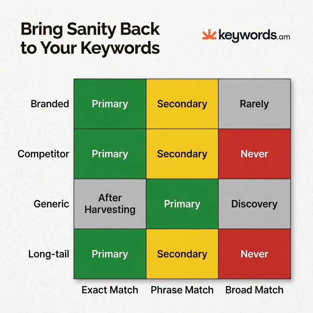Keywords.am amazon ppc match types decision matrix for keyword targeting