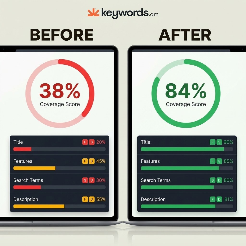 Keywords.am amazon keyword audit before and after coverage score comparison from 38% to 84%