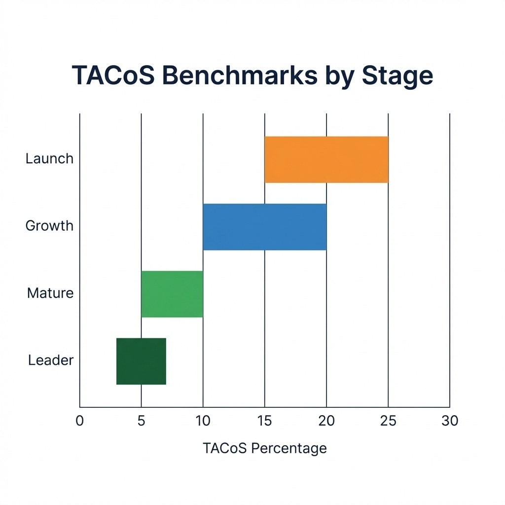 Keywords.am amazon TACoS benchmark ranges by business stage from launch to market leader