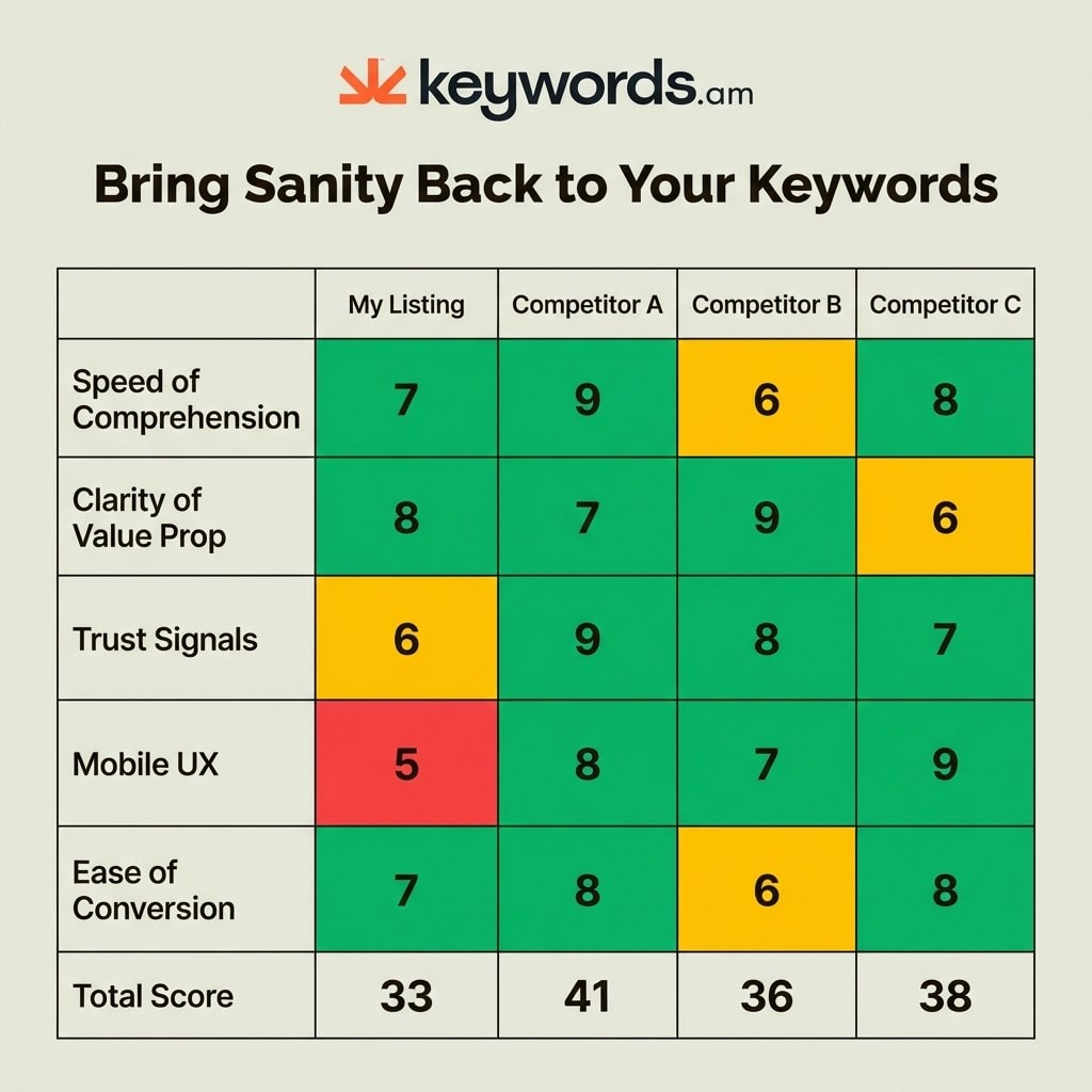 Keywords.am amazon listing competitive UX matrix scorecard comparing conversion factors across competitors