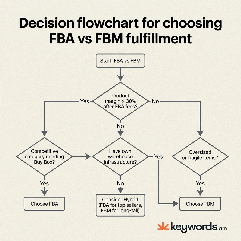 Keywords.am fba vs fbm decision framework flowchart for Amazon sellers