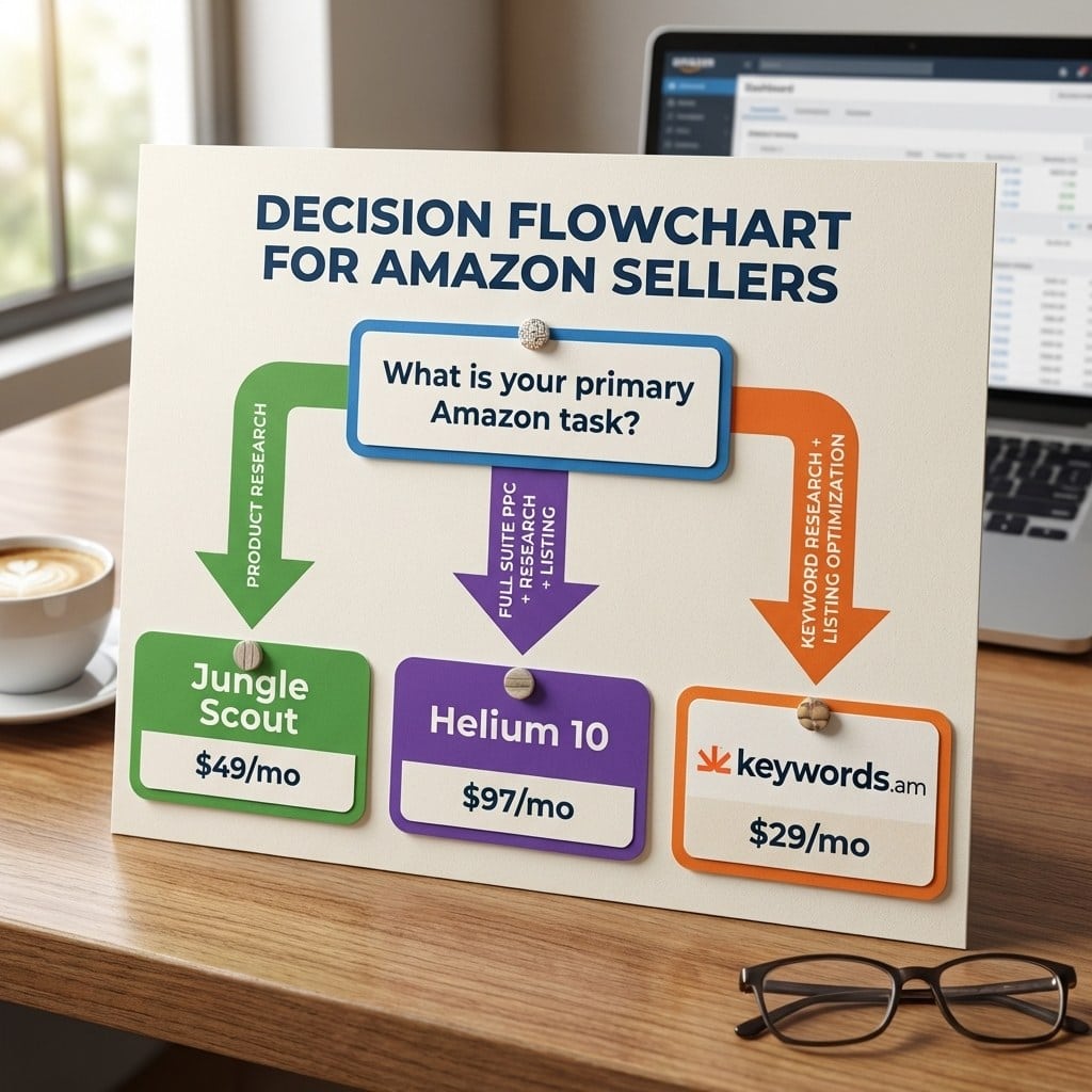 Helium 10 vs Jungle Scout decision matrix showing which Amazon tool to choose based on primary task