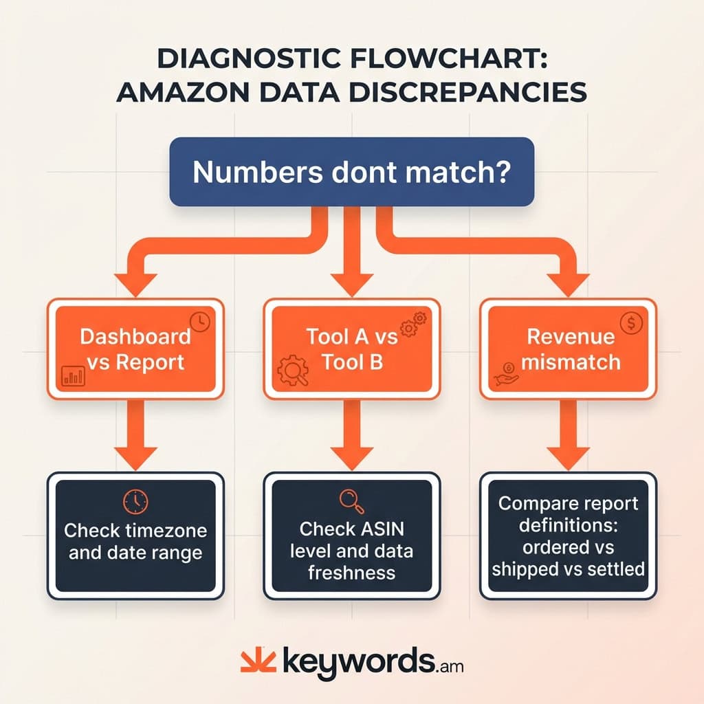 Keywords.am amazon reporting discrepancies diagnostic flowchart for troubleshooting seller tool data