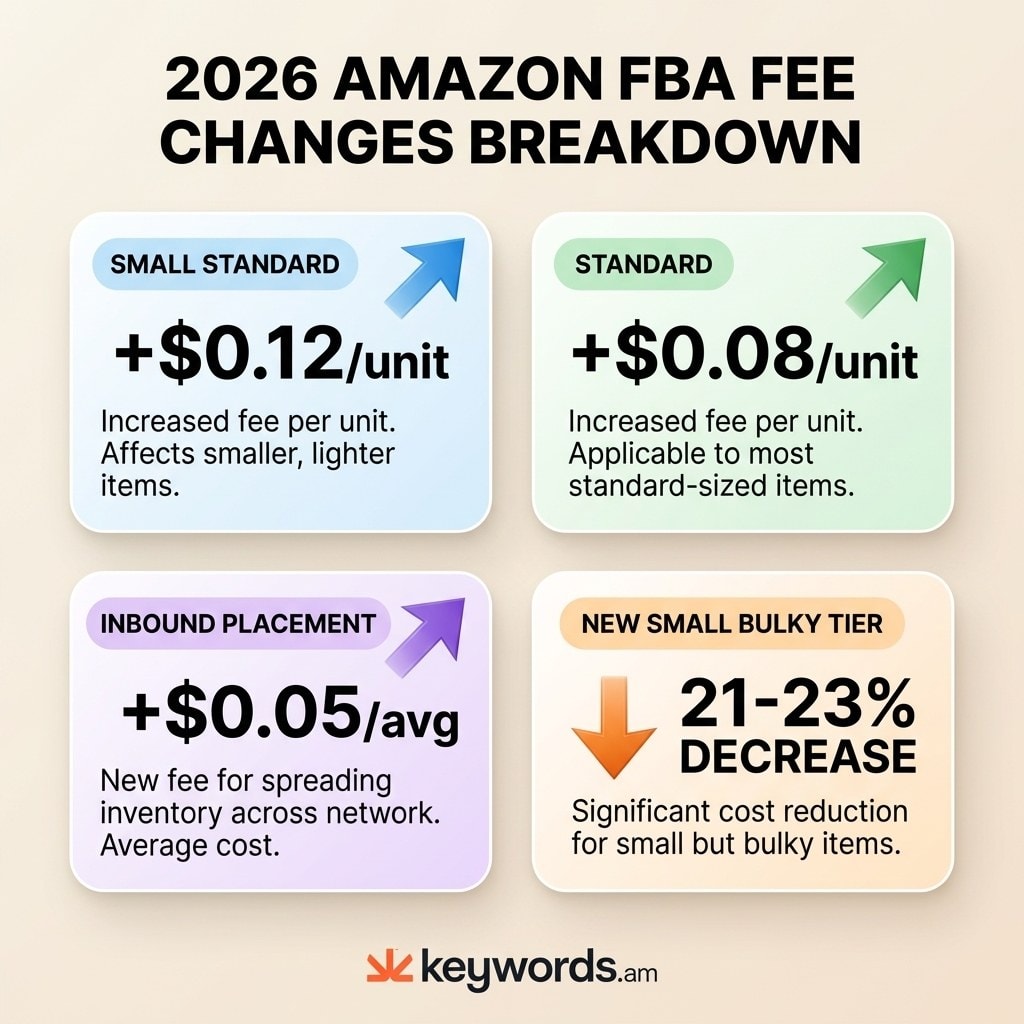 Keywords.am amazon fba fee calculator 2026 fee changes showing fulfillment increases and new size tiers