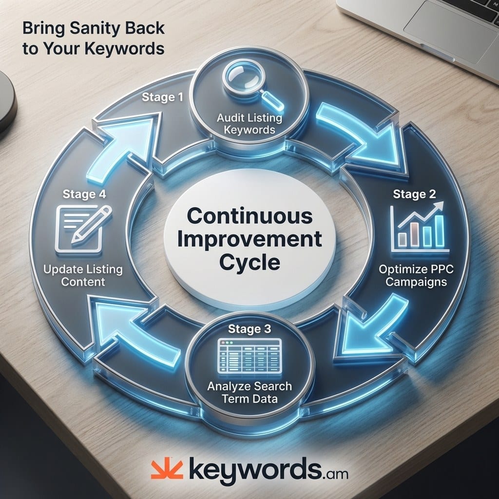 Keywords.am amazon ppc audit feedback loop showing PPC data flowing into listing optimization and back to improved campaign targeting