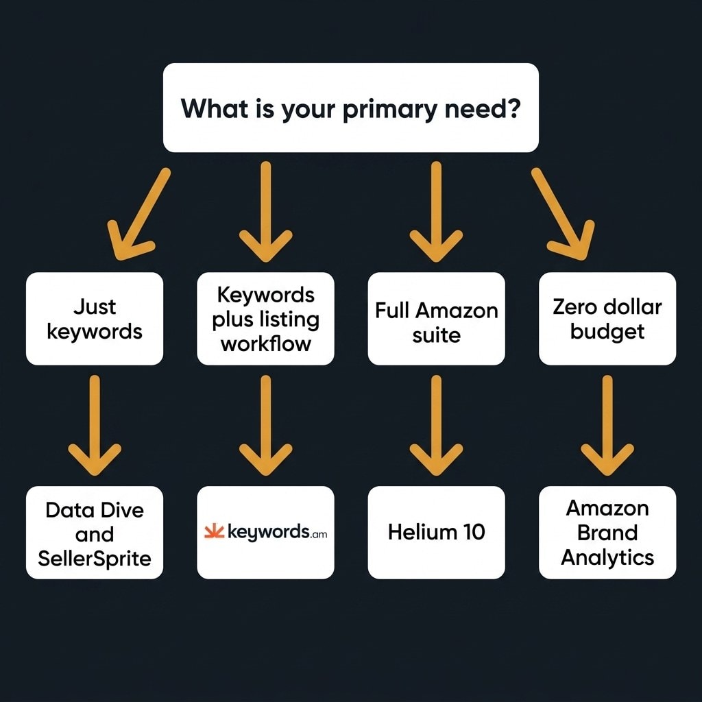 Decision flowchart for choosing the best merchantwords alternative by seller need and budget