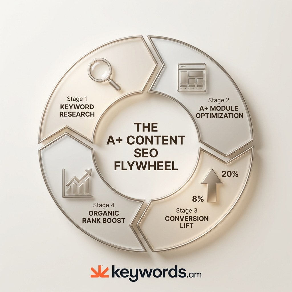 Keywords.am amazon a+ content seo flywheel showing how conversion lift from optimized modules drives organic ranking improvement
