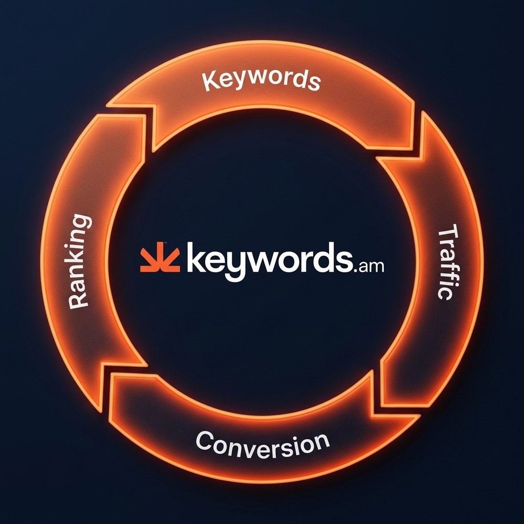 Keywords.am conversion flywheel showing how keyword relevance drives qualified traffic and higher conversion