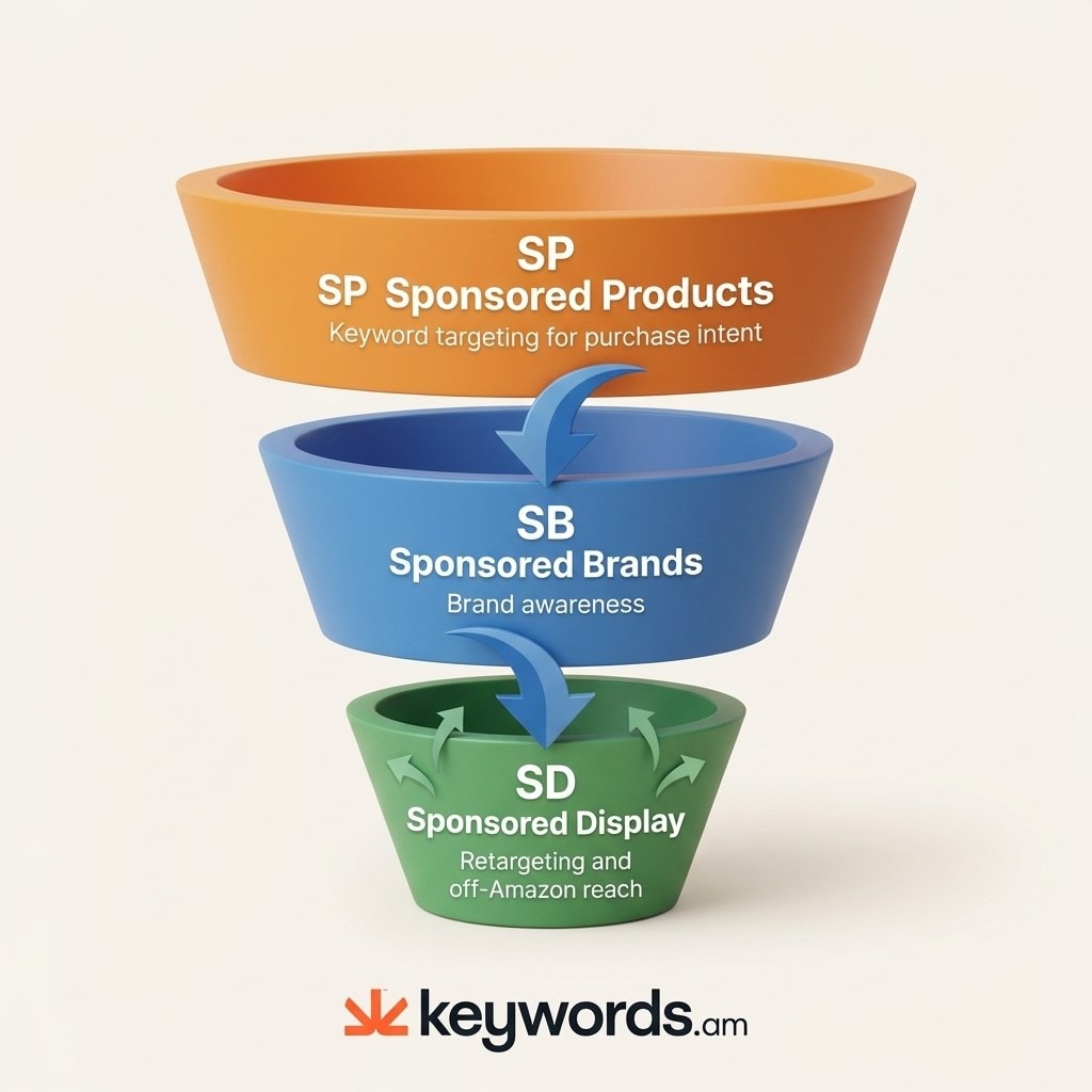 Keywords.am amazon sponsored display targeting full funnel PPC strategy showing SP SB and SD integration