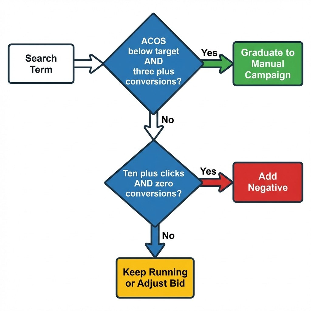 Keywords.am Amazon PPC optimization graduation decision matrix for moving search terms from low-ACOS cluster to manual campaigns