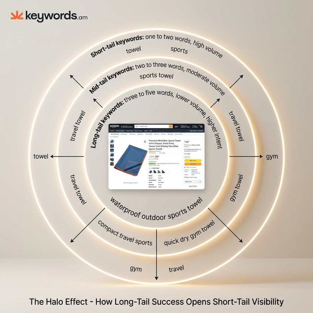 Keywords.am amazon halo effect diagram showing how long-tail keyword success unlocks short-tail visibility