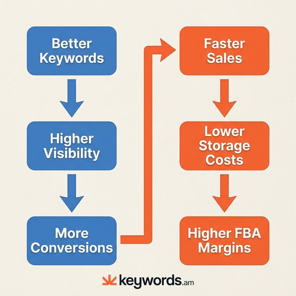 Keyword research impact on Amazon FBA profitability showing conversion and storage cost connection