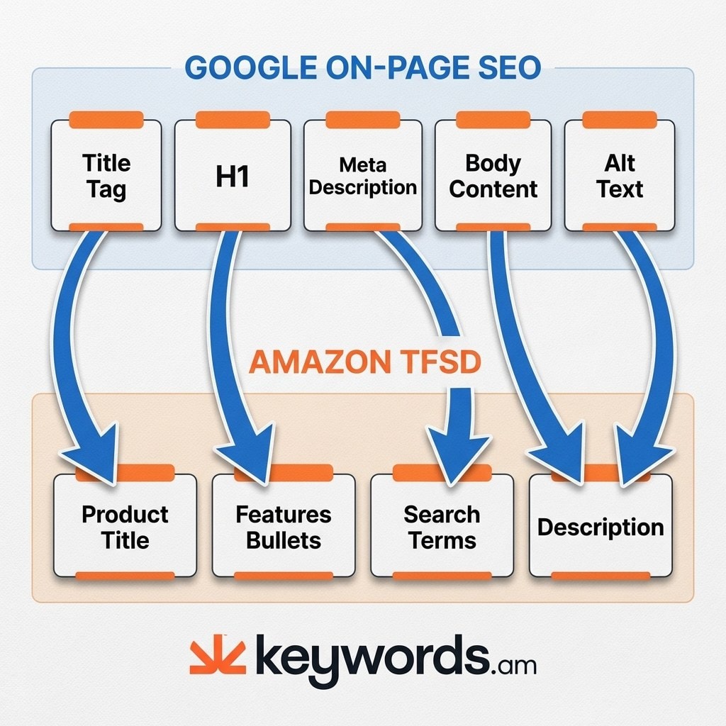 Keywords.am amazon seo vs google seo keyword strategy TFSD framework mapping to Google on-page elements