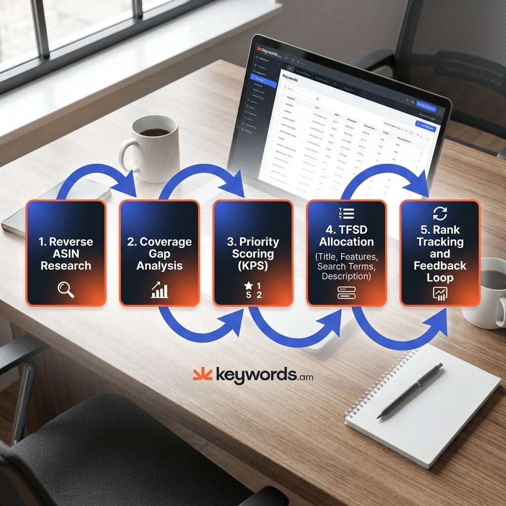 Keywords.am Amazon A10 keyword strategy playbook showing five-step workflow from research to rank tracking