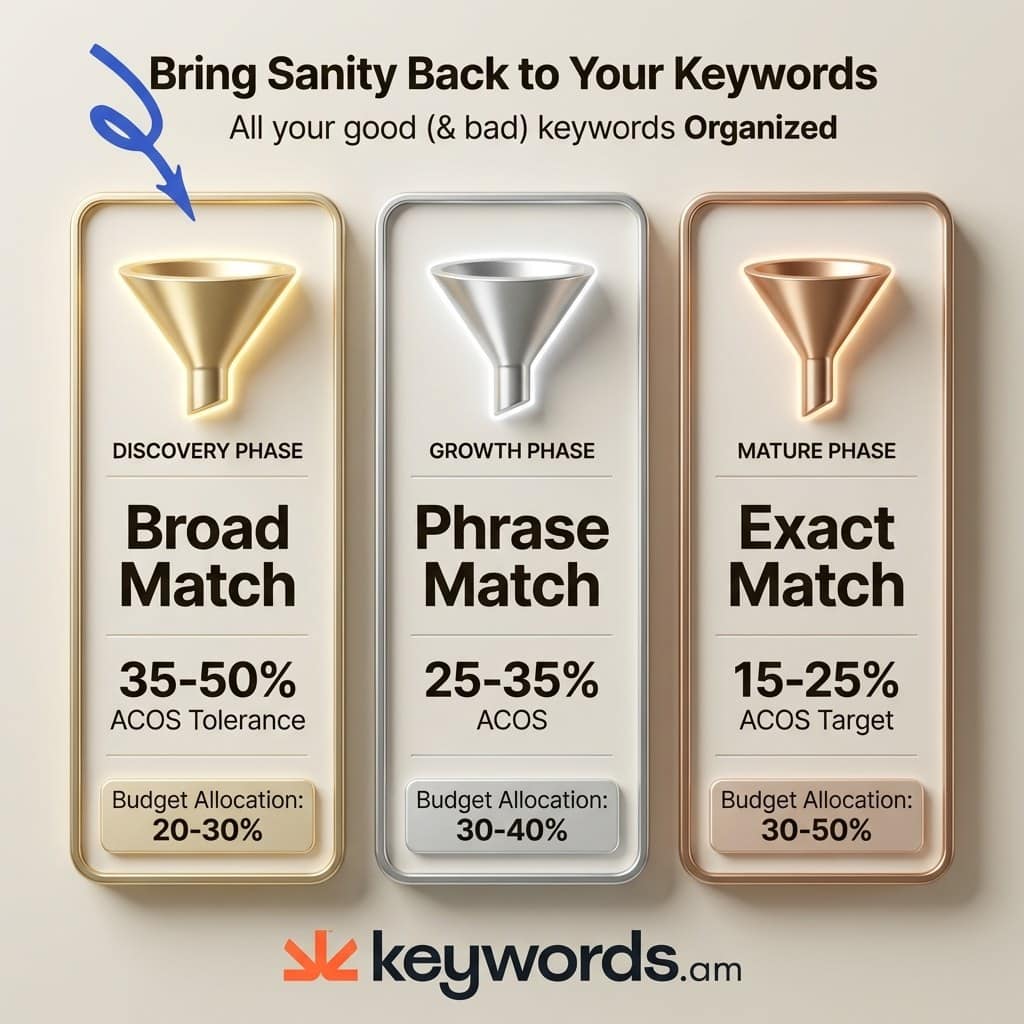 Keywords.am SP keyword match types comparison showing broad phrase and exact match strategy with ACOS thresholds