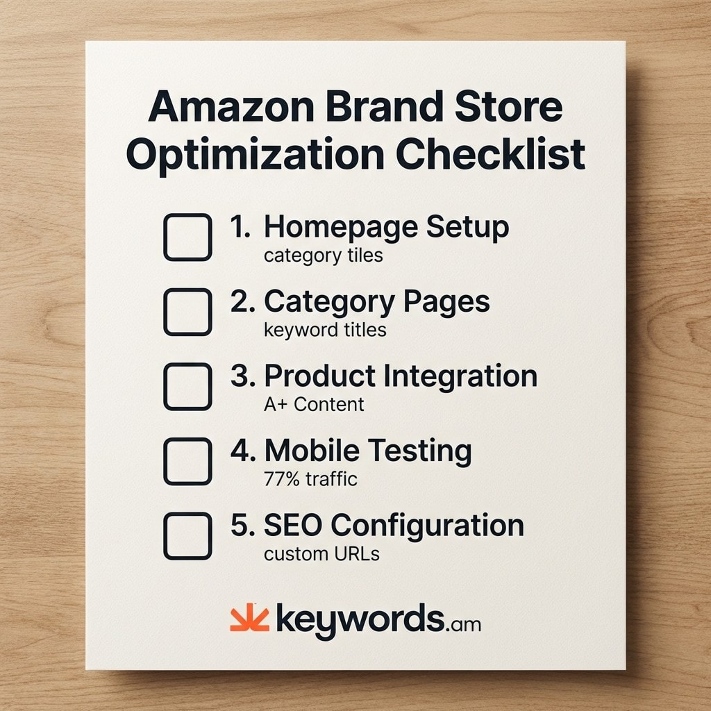 Keywords.am Amazon Brand Store optimization 5-point checklist covering homepage, categories, mobile, product integration, and SEO