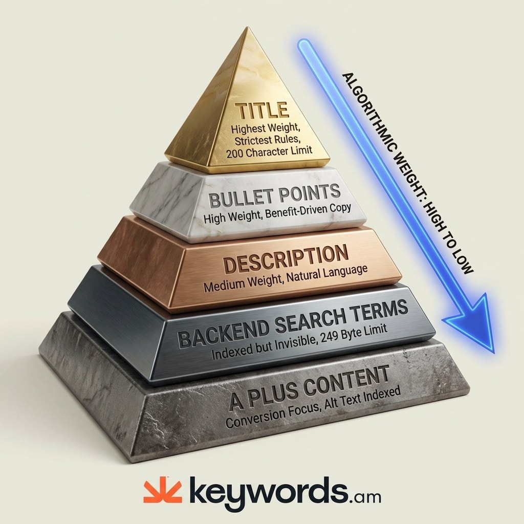 Keywords.am amazon keyword placement hierarchy showing where to place keywords across Amazon listing fields