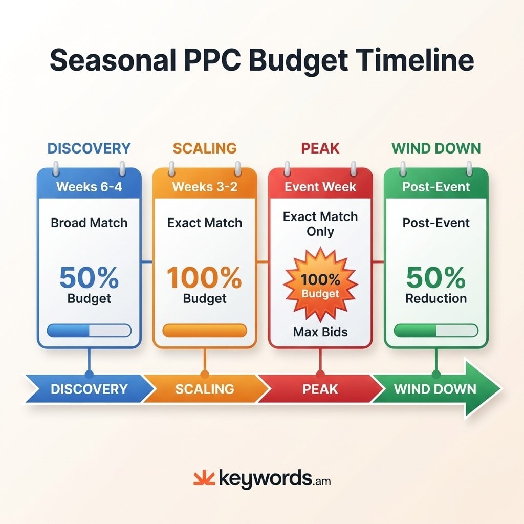 Keywords.am amazon seasonal keyword PPC budget ramp-up timeline from discovery to peak to wind-down