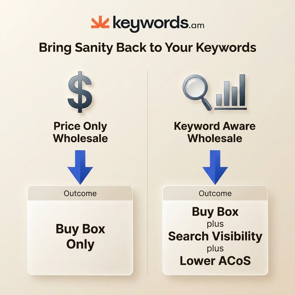 Keywords.am amazon wholesale keyword tools comparison showing price-only versus keyword-aware wholesale selling approach