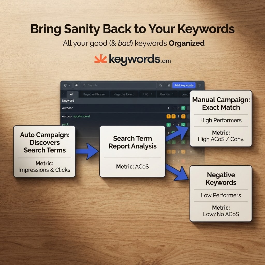 Keywords.am amazon seller central PPC keyword discovery workflow from auto campaigns to manual optimization