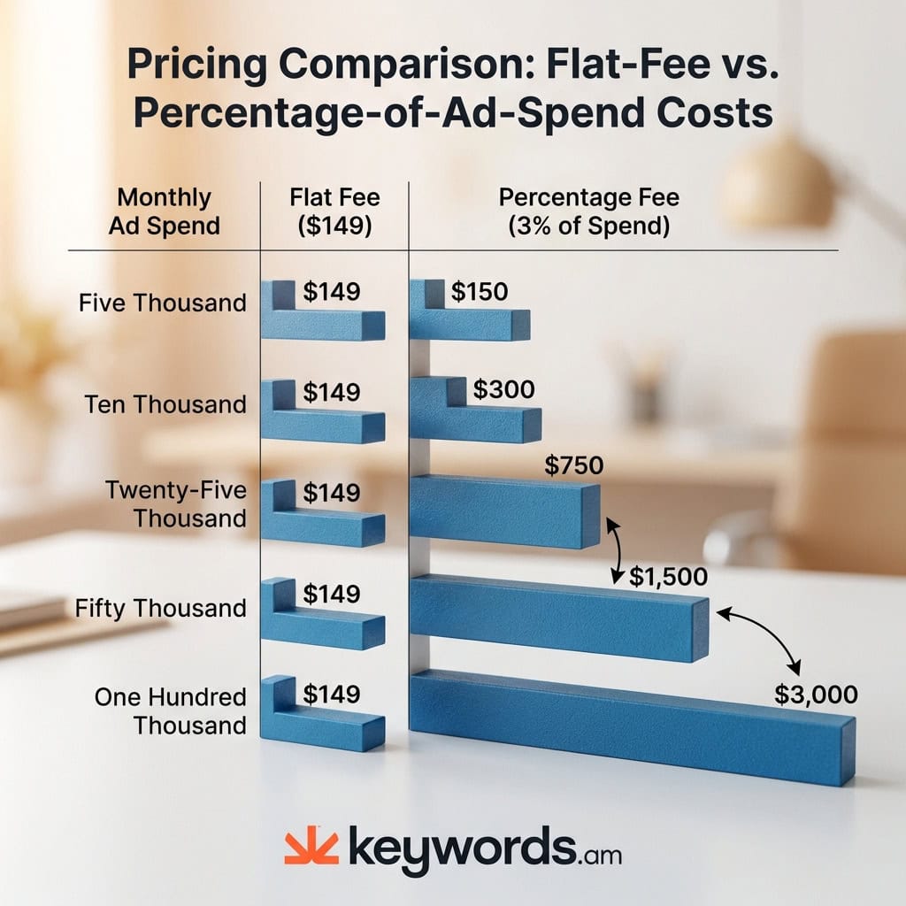 Keywords.am amazon ppc software pricing model comparison flat fee versus percentage of ad spend