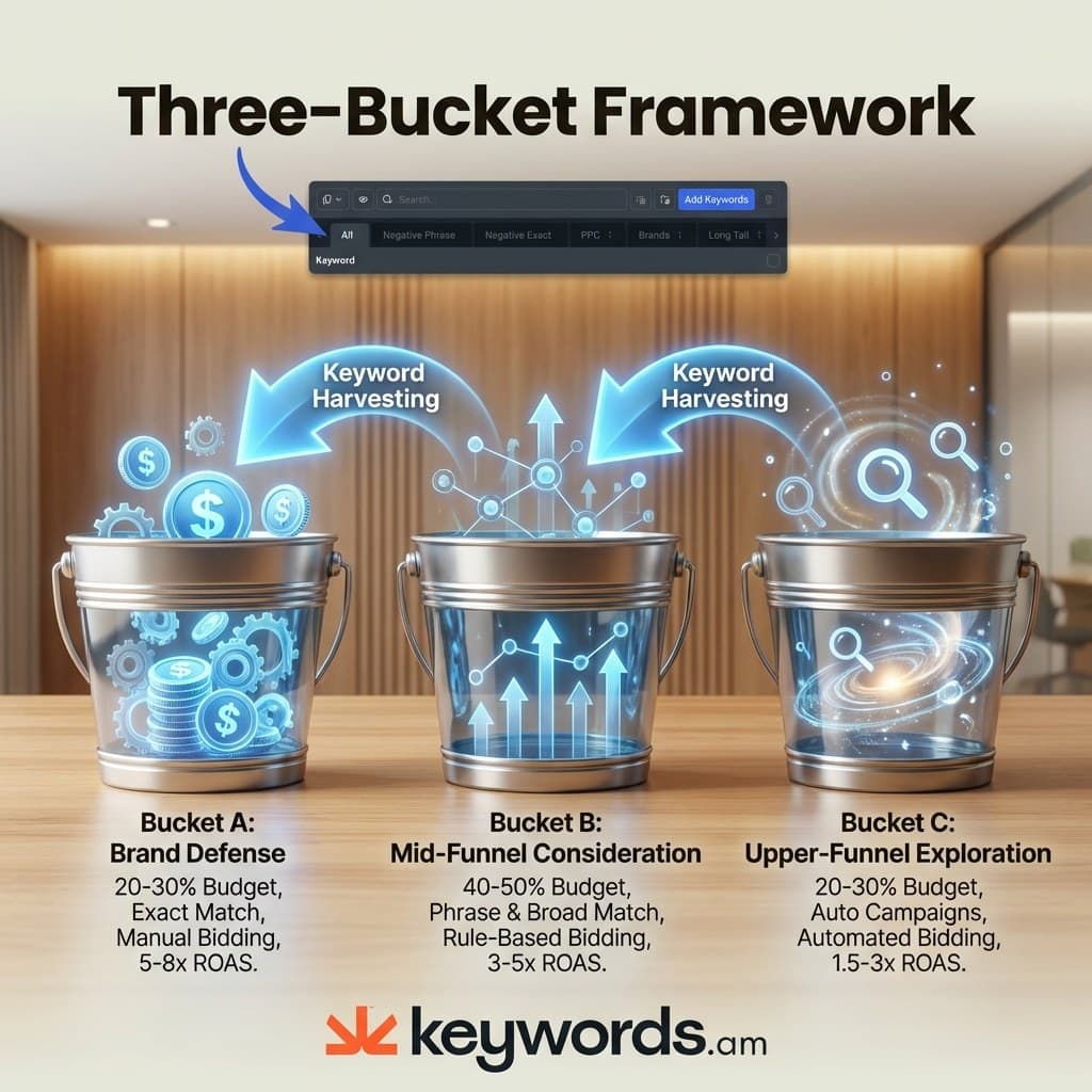 Keywords.am amazon advertising campaign structure three-bucket framework with budget allocation