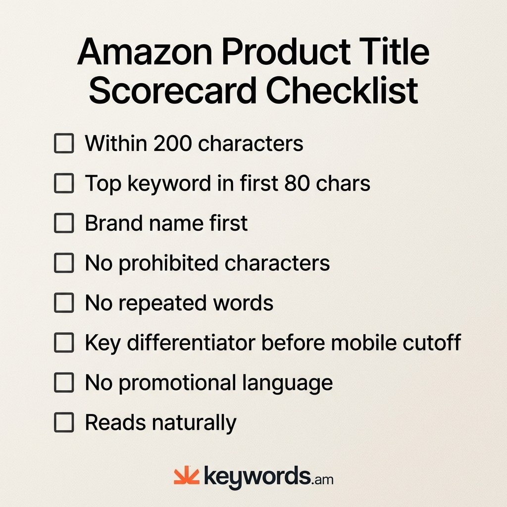 Keywords.am amazon product title optimization scorecard checklist with 8 evaluation criteria