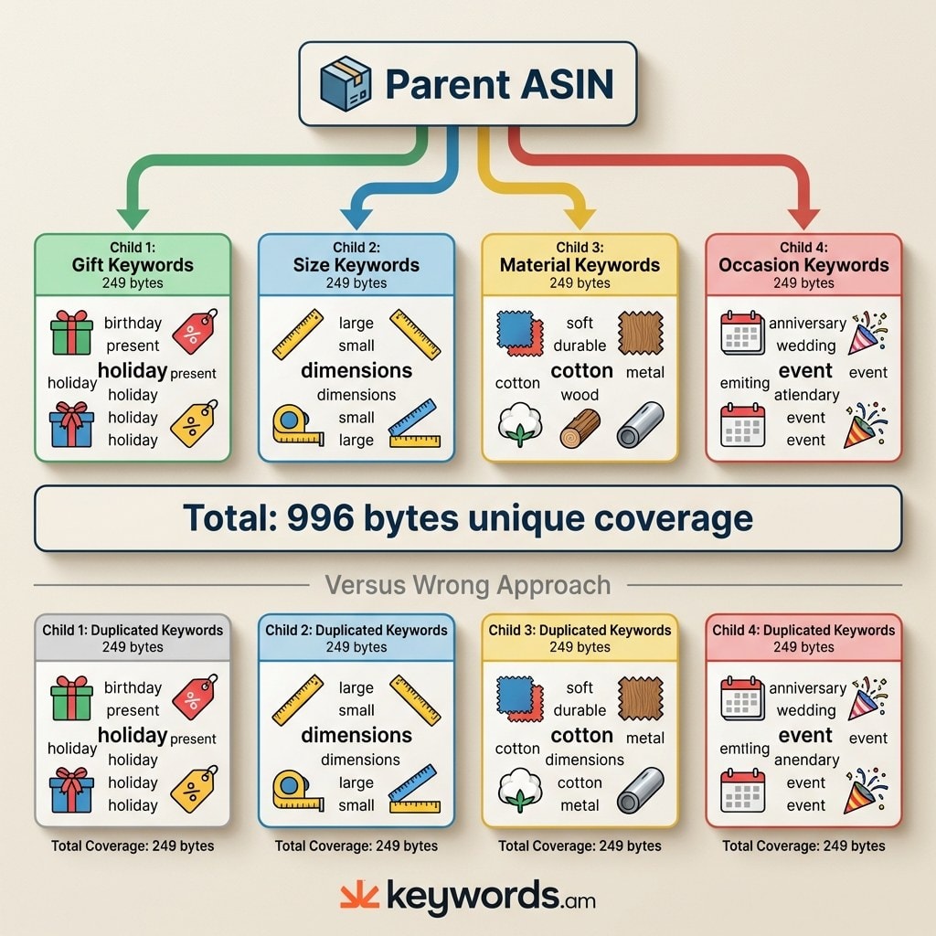 Variation keyword strategy distributing unique keyword clusters across child ASINs for maximum Amazon search term coverage