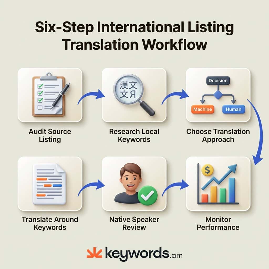 Keywords.am translate amazon listing workflow showing six steps from source audit to performance monitoring