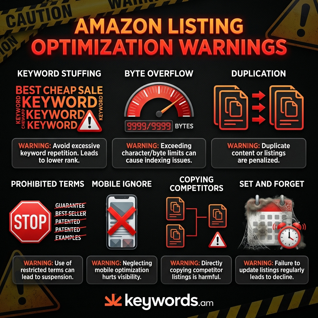 Keywords. Am amazon listing optimization common mistakes to avoid warning infographic