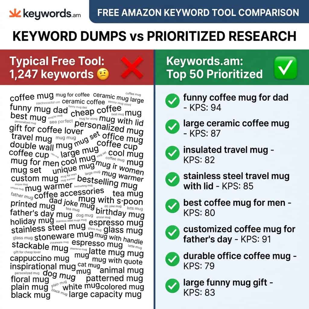 Free Amazon keyword tool comparison showing keyword dump vs Keywords.am prioritized research with KPS scoring