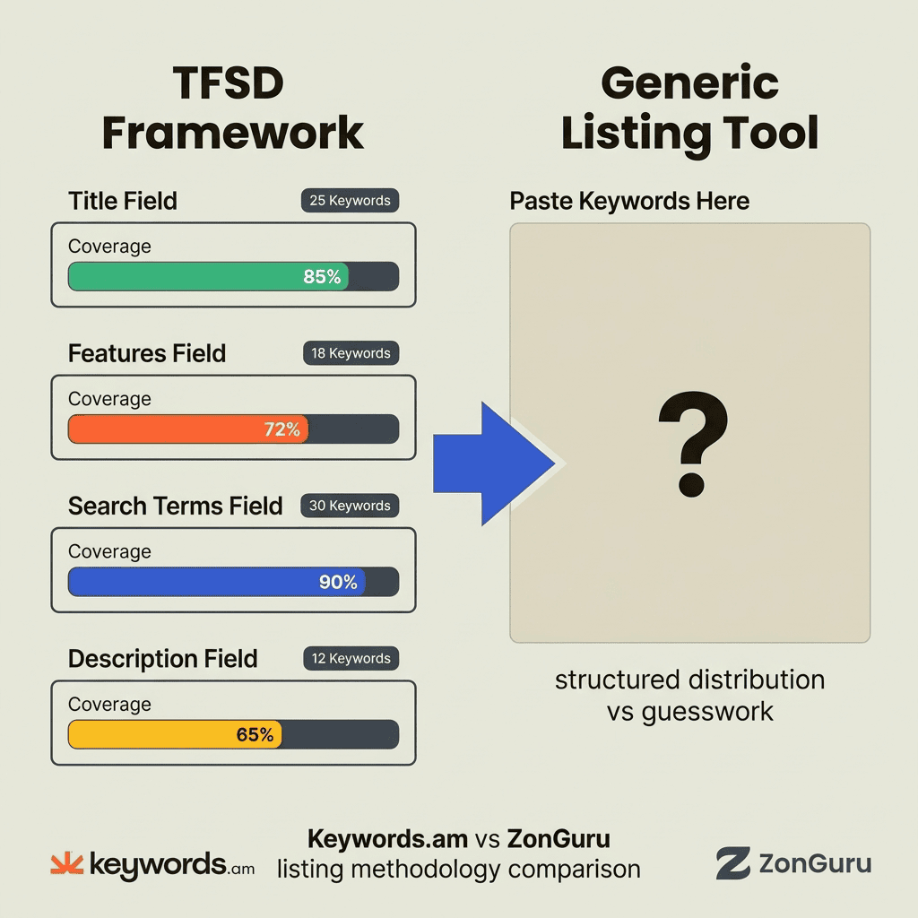 Keywords.am vs ZonGuru listing methodology: TFSD structured keyword distribution compared to generic optimization